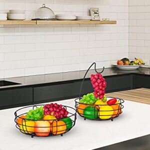 Bextcok 2 Tier Fruit Basket, Vegetables Fruit Bowl Storage with Banana Holder Hanger Hook Stand Organizer for Kitchen Countertop Counter, Black