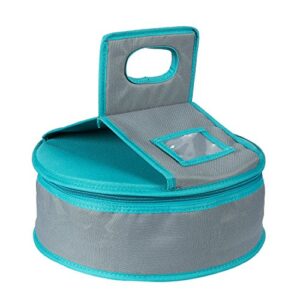 insulated round thermal casserole food carrier for lunch, lasagna, potluck, picnics, vacations – teal and grey