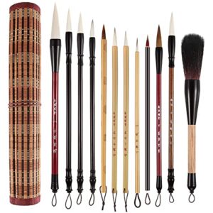 12 pieces chinese calligraphy brushes painting writing brushes watercolor brushes set kanji japanese sumi painting drawing brushes kanji art brushes with roll-up brush holder