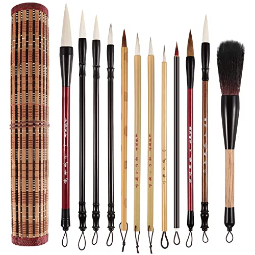 12 Pieces Chinese Calligraphy Brushes Painting Writing Brushes Watercolor Brushes Set Kanji Japanese Sumi Painting Drawing Brushes Kanji Art Brushes with Roll-up Brush Holder