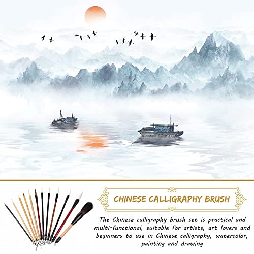 12 Pieces Chinese Calligraphy Brushes Painting Writing Brushes Watercolor Brushes Set Kanji Japanese Sumi Painting Drawing Brushes Kanji Art Brushes with Roll-up Brush Holder