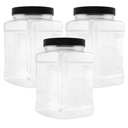 Cornucopia 48oz Square Plastic Jars (3-Pack); Clear Rectangular 6-Cup Canisters w/ Black Lids, Easy-Grip Side