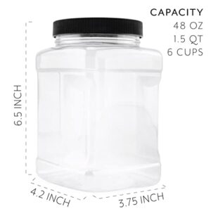 Cornucopia 48oz Square Plastic Jars (3-Pack); Clear Rectangular 6-Cup Canisters w/ Black Lids, Easy-Grip Side