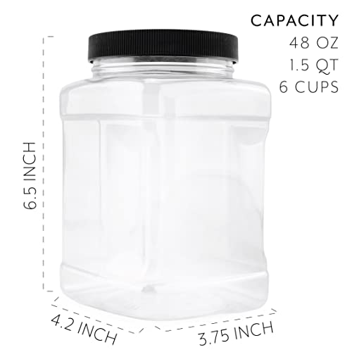 Cornucopia 48oz Square Plastic Jars (3-Pack); Clear Rectangular 6-Cup Canisters w/ Black Lids, Easy-Grip Side