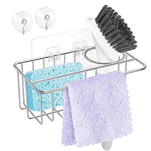 3 in 1 Sink Caddy Sponge Holder, VIS'V 304 Stainless Steel Adhesive Kitchen Sink Basket Sponge Holder Brush Holder Dishcloth Hanger Kitchen Sink Accessories Organizer Rack with 2 Suction Cups - Silver