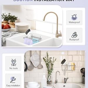 3 in 1 Sink Caddy Sponge Holder, VIS'V 304 Stainless Steel Adhesive Kitchen Sink Basket Sponge Holder Brush Holder Dishcloth Hanger Kitchen Sink Accessories Organizer Rack with 2 Suction Cups - Silver