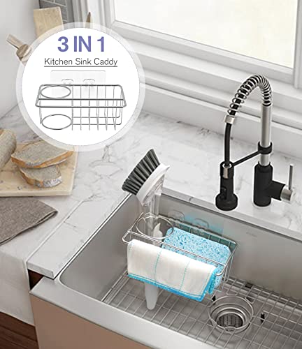 3 in 1 Sink Caddy Sponge Holder, VIS'V 304 Stainless Steel Adhesive Kitchen Sink Basket Sponge Holder Brush Holder Dishcloth Hanger Kitchen Sink Accessories Organizer Rack with 2 Suction Cups - Silver