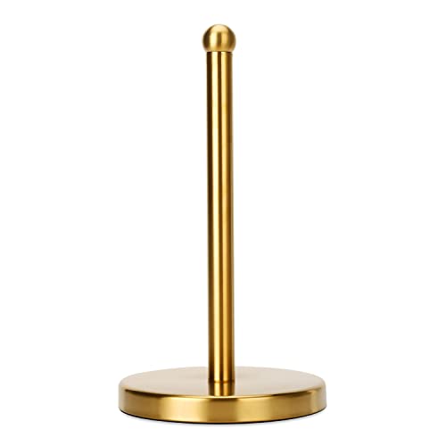 Gold Paper Towel Holder Countertop, Free Standing Paper Towel Holder Stainless Steel Heavy Weighted Base ( 3LBS in Weight, and 7.5inch in Diameter ), One-Handed Design for Easy Ripping (Gold Brushed)