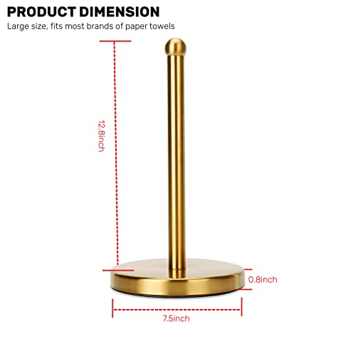 Gold Paper Towel Holder Countertop, Free Standing Paper Towel Holder Stainless Steel Heavy Weighted Base ( 3LBS in Weight, and 7.5inch in Diameter ), One-Handed Design for Easy Ripping (Gold Brushed)