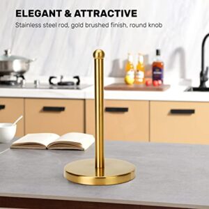 Gold Paper Towel Holder Countertop, Free Standing Paper Towel Holder Stainless Steel Heavy Weighted Base ( 3LBS in Weight, and 7.5inch in Diameter ), One-Handed Design for Easy Ripping (Gold Brushed)