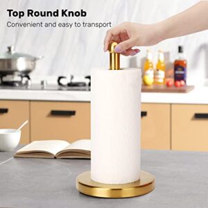 Gold Paper Towel Holder Countertop, Free Standing Paper Towel Holder Stainless Steel Heavy Weighted Base ( 3LBS in Weight, and 7.5inch in Diameter ), One-Handed Design for Easy Ripping (Gold Brushed)