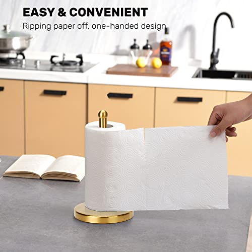 Gold Paper Towel Holder Countertop, Free Standing Paper Towel Holder Stainless Steel Heavy Weighted Base ( 3LBS in Weight, and 7.5inch in Diameter ), One-Handed Design for Easy Ripping (Gold Brushed)