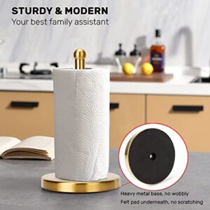 Gold Paper Towel Holder Countertop, Free Standing Paper Towel Holder Stainless Steel Heavy Weighted Base ( 3LBS in Weight, and 7.5inch in Diameter ), One-Handed Design for Easy Ripping (Gold Brushed)