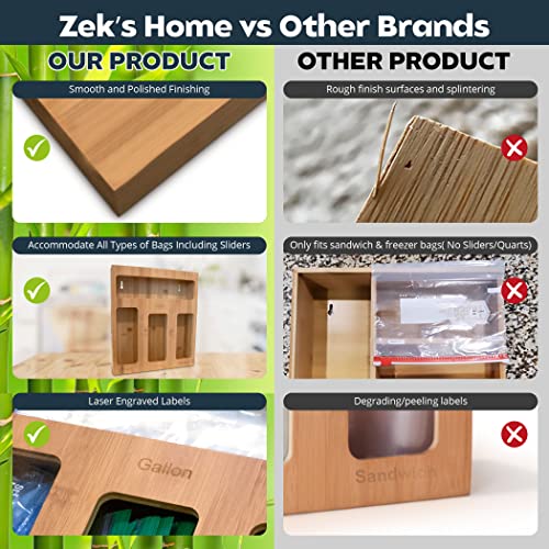 Bamboo Ziplock Bag Organizer for Drawer with Larger Quarts Slots, Easy to use Ziploc Bag Organizer, Ziplock Bag Storage Organizer and Baggie Organizer Compatible with Gallon, Quart, Sandwich, Snack