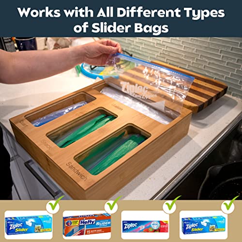 Bamboo Ziplock Bag Organizer for Drawer with Larger Quarts Slots, Easy to use Ziploc Bag Organizer, Ziplock Bag Storage Organizer and Baggie Organizer Compatible with Gallon, Quart, Sandwich, Snack