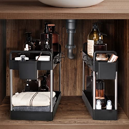 CAPHONT Under Sink Organizer Shelf 2 Pack, 2 Tier Under Bathroom Sink Organizers and Storage Multifunctional Under Cabinet Storage Rack with 8 Hooks & 2 Hanging Cups for Laundry Kitchen, Black