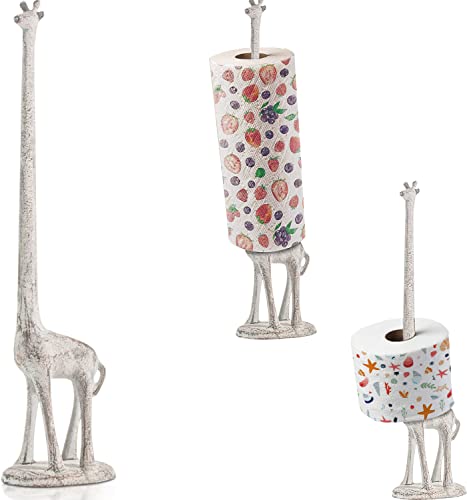 Paper Towel Holder or Free Standing Toilet Paper Holder- Cast Iron Giraffe Paper Holder - Decorative Bathroom Toilet Paper Holder or Stand Up Paper Towel Holder - Antique White by Comfify