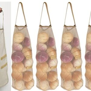 Hanging Mesh Storage Bags 5Pack Potatoes Bags Onion Bags Mesh Garlic Net Bags Long and Large Reusable Net Storage Produce Bags (Beige)