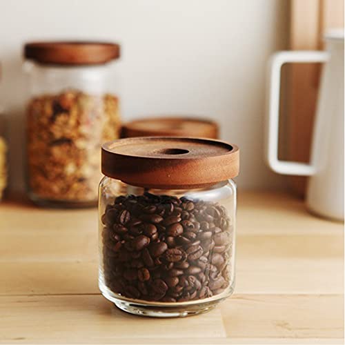 Bekith 4 Pack 15 FL OZ (450ml) Glass Food Storage Jar with Acacia Lids, Airtight Sealed Clear Glass Canisters, Kitchen Food Storage Container for Serving Tea, Coffee Beans, Nuts, Spice, Sugar