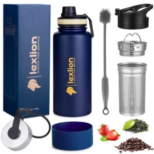 lexlion water bottle 32 oz, triple walled insulated stainless steel reusable, wide mouth, fruit diffuser-thermal leaf infuser , silicone sleeve&cleaning brush, 3 lids leak proof, metal mug gallon