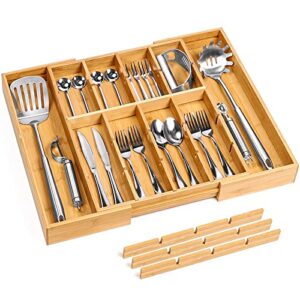 vioview Bamboo Kitchen Drawer Organizer, Adjustable Silverware Organizer with Removable Dividers, Utensil Organizer for Kitchen Drawers/Silverware Tray for Drawer in Kitchen, Bedroom, Living Room