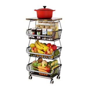 4 tier fruit basket for kitchen – stackable fruit and vegetable storage cart with wooden top rolling wheels metal wire basket organizer for onions potatoes storage utility rack bins for kitchen pantry