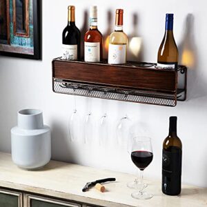 True Wall Mounted Wine Shelf & Stemware Rack, Wooden Wine Rack, Holds 5 Bottles & 6 Wine Glasses