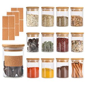 glass jars set of 12, chrider spice glass jars with bamboo wooden airtight lids and labels, food storage containers for home kitchen, tea, sugar, salt, pepper, spices, coffee, flour, herbs, grains