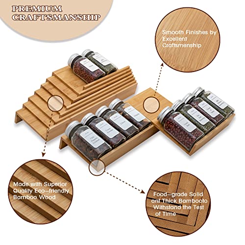 Angimio Bamboo Spice Rack Drawer Organizer - 8 Pieces Set- 9" Wide Per Piece - Combine Pieces Into 18" Wide Rack (9" or 18")