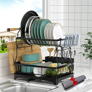 vasysvi dish drying rack with drainboard for kitchen counter,2 tier dish drainer set with utensils holder，large capacity stainless steel dish racks bonus with drying mat