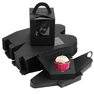 billioteam 60pcs black single cupcake boxes, clear window inserts handle cupcake muffins cupcake carriers pastry containers bakery wrapping party favor packing for wedding cupcake favor boxes