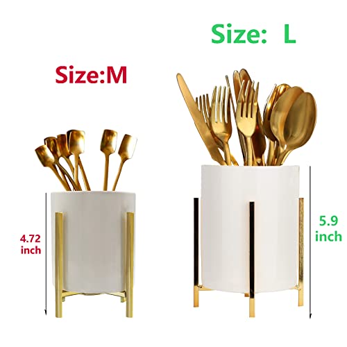 SIEBOLD 2pcs Sturdy Cutlery Holder White Ceramic With Metal Bracket Robust Silverware Caddy For Countertop - Spoon Holder Silverware Caddy(5.9 - 3.9inch) Gold