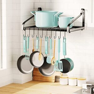 MUDEELA Hanging Pot Rack with 10 Hooks, Pots and Pans Organizer Wall Mounted Pot Organizer Rack, Wall Shelf for Kitchen Organization,Cookware, Books, Household,Bathroom