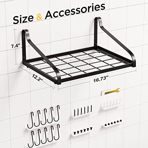 MUDEELA Hanging Pot Rack with 10 Hooks, Pots and Pans Organizer Wall Mounted Pot Organizer Rack, Wall Shelf for Kitchen Organization,Cookware, Books, Household,Bathroom