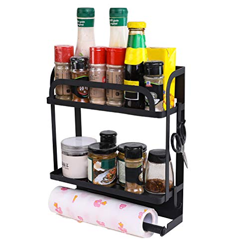 PENGKE Magnetic Spice Rack Organizer 2 Tier Refrigerator Storage Shelf with Paper Towel Holder and Removable Hooks,Strong Rustproof Magnetic Shelf,Black