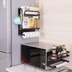 PENGKE Magnetic Spice Rack Organizer 2 Tier Refrigerator Storage Shelf with Paper Towel Holder and Removable Hooks,Strong Rustproof Magnetic Shelf,Black