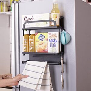 PENGKE Magnetic Spice Rack Organizer 2 Tier Refrigerator Storage Shelf with Paper Towel Holder and Removable Hooks,Strong Rustproof Magnetic Shelf,Black