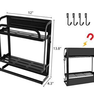 PENGKE Magnetic Spice Rack Organizer 2 Tier Refrigerator Storage Shelf with Paper Towel Holder and Removable Hooks,Strong Rustproof Magnetic Shelf,Black