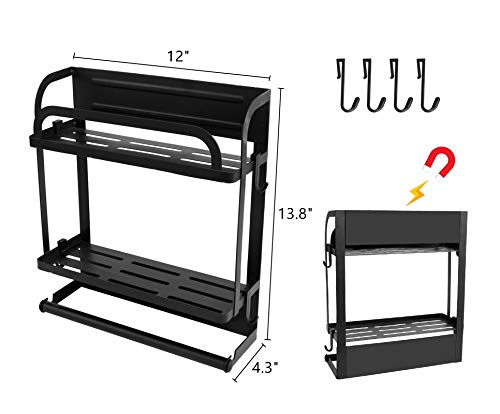 PENGKE Magnetic Spice Rack Organizer 2 Tier Refrigerator Storage Shelf with Paper Towel Holder and Removable Hooks,Strong Rustproof Magnetic Shelf,Black