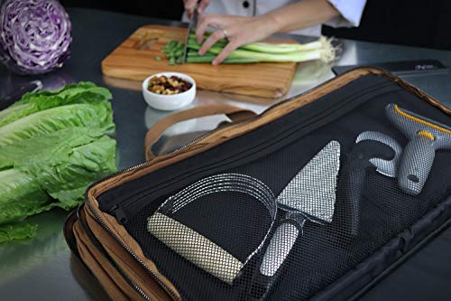 Waxed Canvas Chef Knife Bag Holds 19 Knives PLUS Knife Steel Meat Cleaver and Large Storage Compartments! Our Most Durable Professional Line Knife Carrier Includes Custom Padlock! (Bag Only) (Khaki)