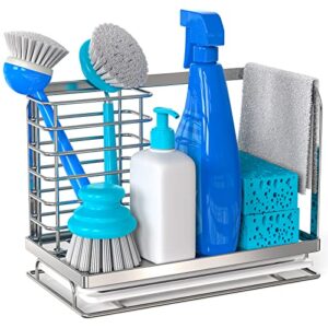 fixowl kitchen sink caddy organizer 304 stainless steel sponge holder dish soap brush scrubber countertop rack, rustproof, silver
