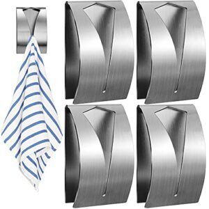 4 pcs kitchen towel holder grabber self adhesive, stainless steel kitchen dish towel hook ,wall mount non-drilling hand towel hanger towel holders for bathroom kitchen cabinet