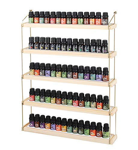 J JACKCUBE DESIGN Wall Mount Essential Oils Display Shelf with 5 Tier for 70 Bottles Holder Gold Frame and Wood Rack Organizer - MK482B