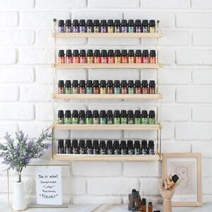 J JACKCUBE DESIGN Wall Mount Essential Oils Display Shelf with 5 Tier for 70 Bottles Holder Gold Frame and Wood Rack Organizer - MK482B