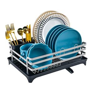 zarnicy dish drying rack with drainboard – dish racks for kitchen counter – rust resistant carbon steel dish drainer with adjustable swivel spout and removable cutlery holder