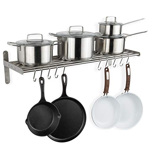 Wallniture Lyon Kitchen Organization and Storage Rack, Stainless Steel Metal Wall Shelf with 10 S Hooks for Hanging Pots and Pans, Chrome