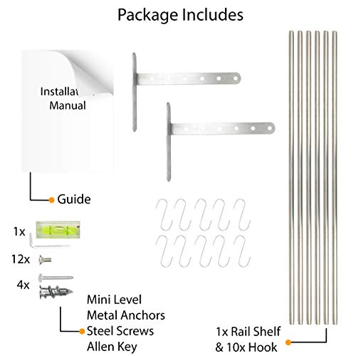 Wallniture Lyon Kitchen Organization and Storage Rack, Stainless Steel Metal Wall Shelf with 10 S Hooks for Hanging Pots and Pans, Chrome