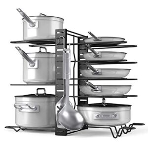 devan pots and pans organizer adjustable 8+ pots and pans oragnizer, kitchen counter and cabinet pot lid holder with 3 diy methods (6 hooks included)