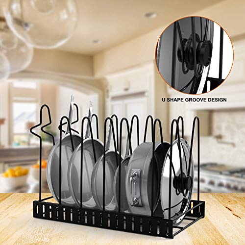Devan Pots and Pans Organizer Adjustable 8+ Pots and Pans Oragnizer, Kitchen Counter and Cabinet Pot Lid Holder with 3 DIY Methods (6 Hooks Included)