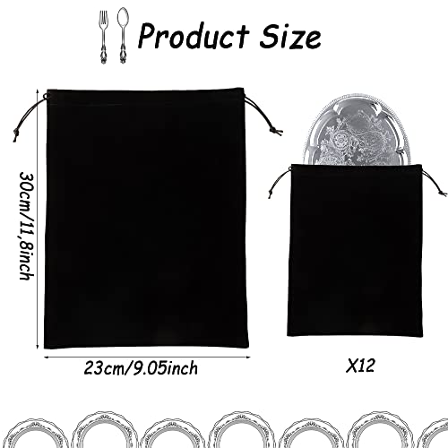 12 PCS Silver Storage Bags Anti-Tarnish Cloth Bag Silver Polishing Fabric Cloth Keeper Bag for Silver Storage Jewelry Silverware Protection Flatware Silverplate Tarnish Cleaning (Black, 9 x 11.8 Inch)